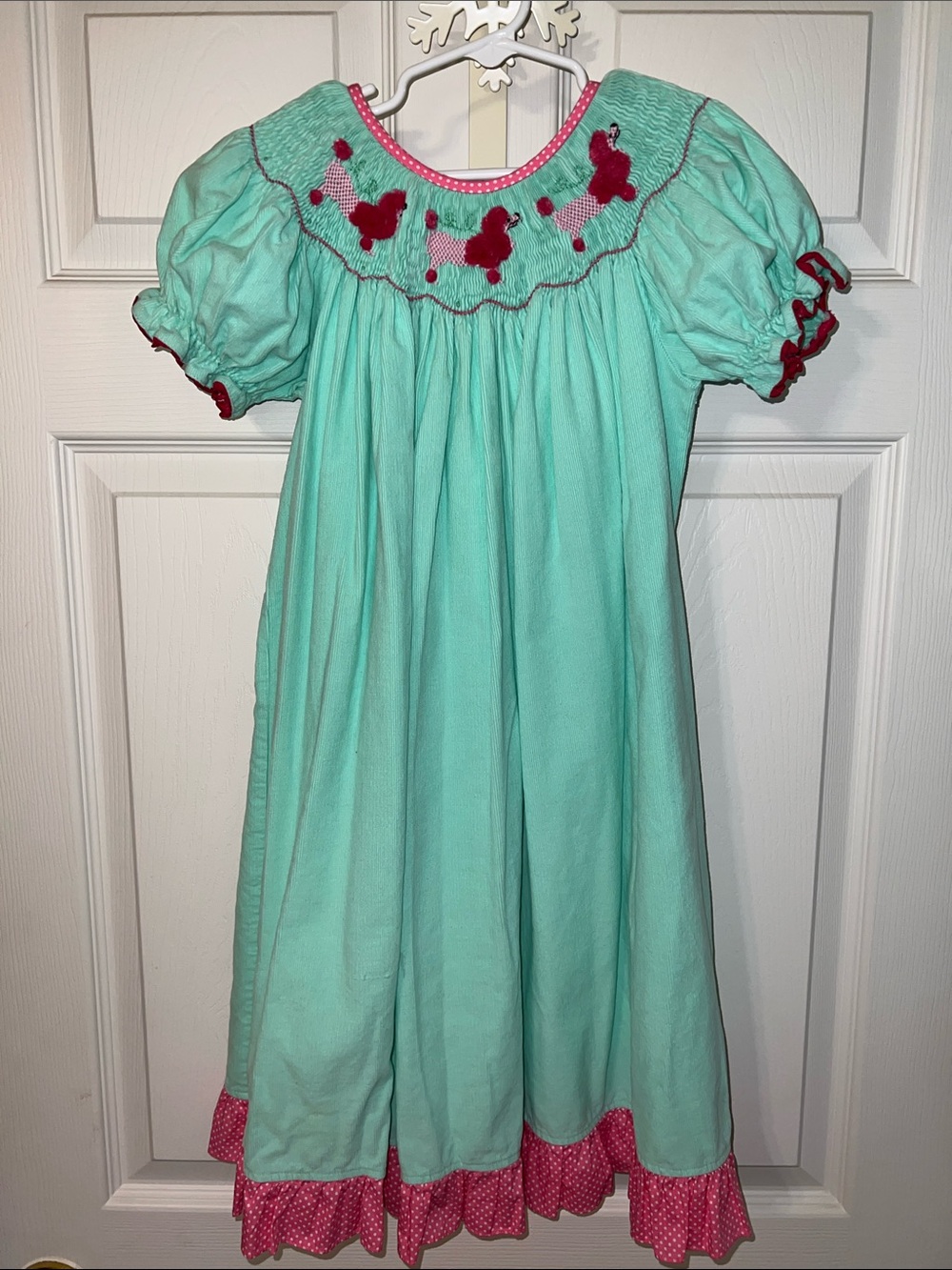 Girls' Mint Green Corduroy Smocked Poodle dress with Pink Trim